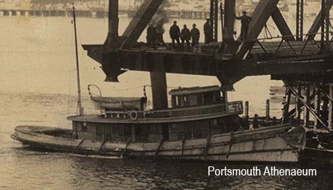 1922 bridge span close-up of tugboat on Piscatqua