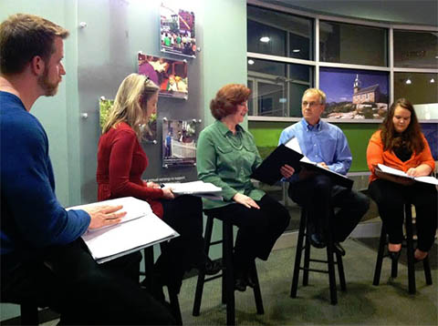 Craig Tuminaro, Heather Glenn Wixson, Elizabeth Daily, Peter Motson & Mary Langley reading Circle Mirror Transformation at Kennebunk Savings Bank, 2013 Intelligent Theatre Festival Photo by Genevieve Aichele