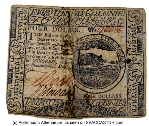 $4 Continental Note from 1776 in Portsmouth Athenaeum collection