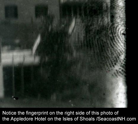 Detail of fingerprints on negative of Victorian photo of Appledore Hotel ? Portsmouth Athenaeum 