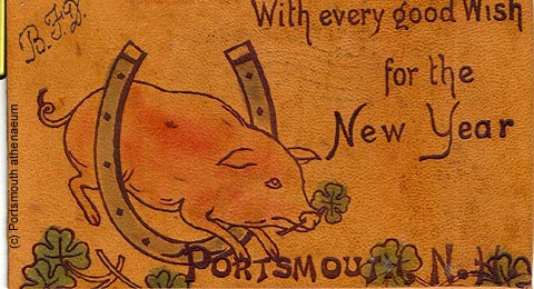 Lucky pig jumps through horseshoe with four-leaf clover 1911