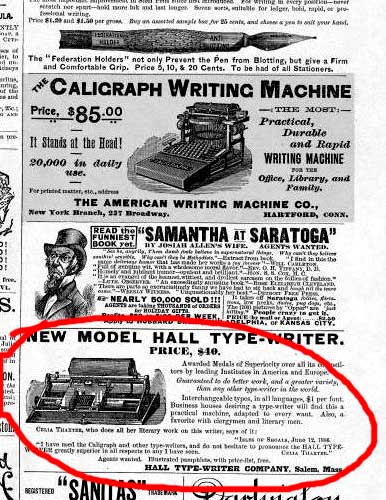 Celia Thaxter Typewriter ad in Harpers Weekly 