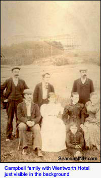 The Campbell family on Campbell Island in New Castle with their lost Wentworth Hotel in the background (c) SeacoastNH.com/ Courtesy Campbell Family.